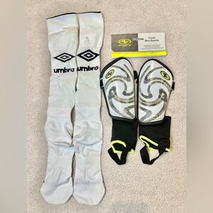 Umbro new soccer socks and athetic works shinguards, brand new, juniors medium